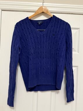 Lauren Ralph Lauren Blue Cotton Cable Knit Ribbed Sweater Top Sz L Monogram